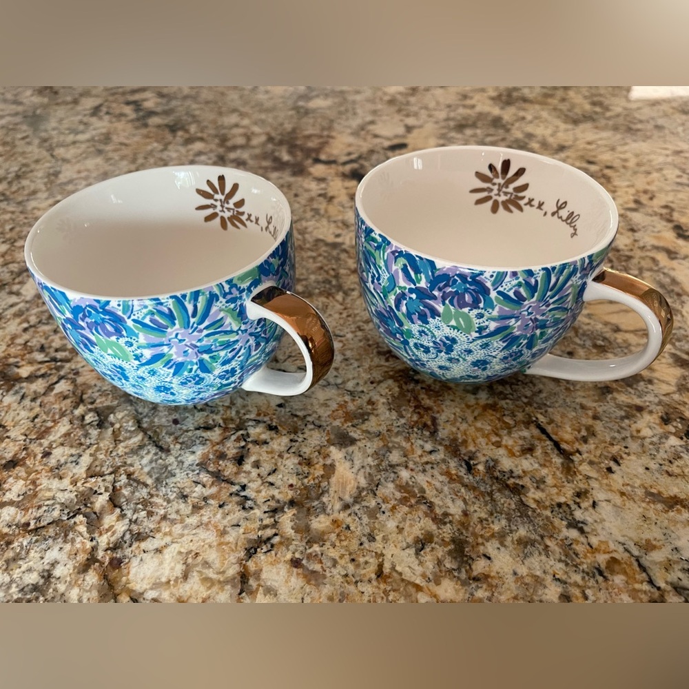 Lilly Pulitzer Blue and White Ceramic Mugs Floral Design